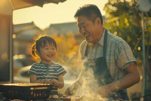 A man and a little girl cooking on a grill photo