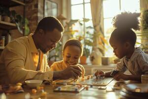 Father and children playing board game photo