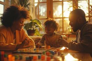 A family playing board games together at home photo