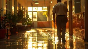 A man walking down a hallway with a umbrella photo