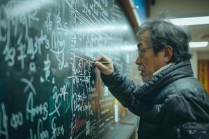 An asian man writing on a blackboard photo