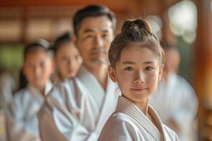 A young girl in a kimono poses for a photo with other people