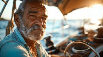 An older man driving a boat photo