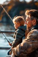 A man and his son fishing on a boat photo