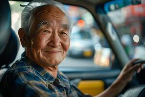 An older man driving a car photo