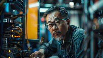 A man in a gray shirt and glasses is working on a computer photo