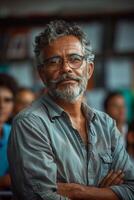 A man with glasses and a beard standing in front of a group of people photo