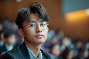 A young man with glasses looking at the camera photo