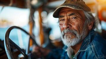 An older man driving a boat photo