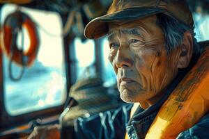 An old man in a life jacket on a boat photo