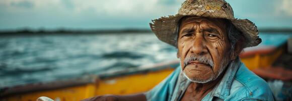An old man in a hat sitting on a boat photo