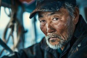 An old man with a beard and hat on a boat photo