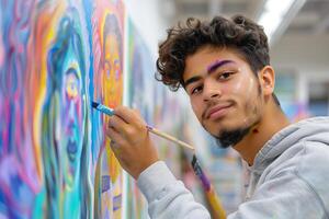 A young man is painting a colorful mural photo