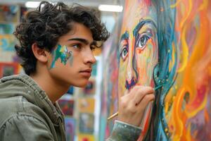 A young man is painting a colorful painting photo