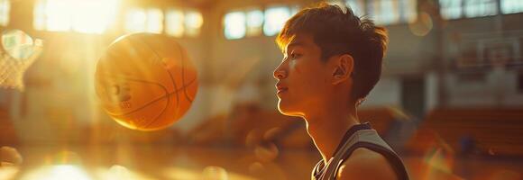 A young man is holding a basketball ball in front of the sun photo