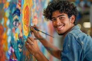 A young man is smiling while painting a colorful mural photo