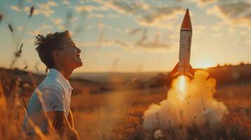 A boy sitting in a field with a rocket photo