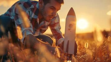 A man kneeling in a field with a rocket photo