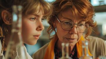 A woman and a girl in glasses looking at something photo