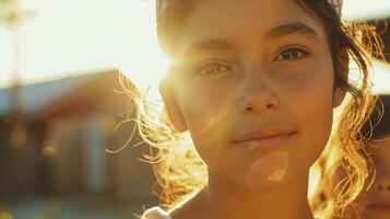 A young girl is smiling in front of a building photo
