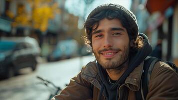 A man smiles while sitting on a bike photo