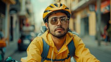 A man wearing a yellow jacket and glasses riding a bicycle photo