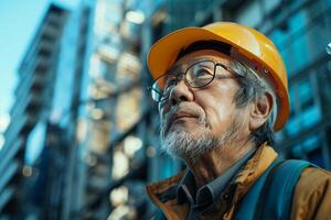 An older man wearing a hard hat and glasses photo