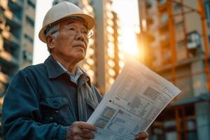 An older man in a hard hat holding a paper photo