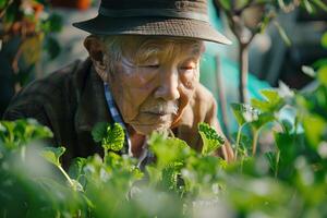 An old man in a hat is looking at plants photo