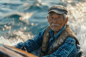 An old man in a boat on the ocean photo