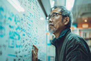 An older man writing on a whiteboard photo