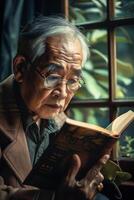 An elderly man is reading a book photo