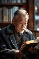 An elderly man reading a book in a library photo