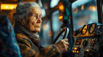 An elderly woman driving a bus photo