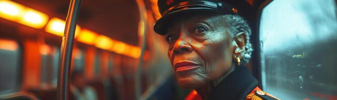 An older woman wearing a hat and uniform on a train photo