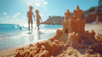 A sand castle on the beach with two people standing in front of it photo