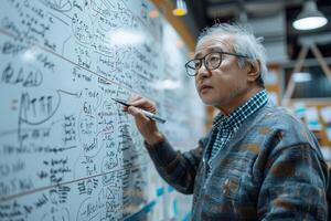 An older man writing on a whiteboard photo