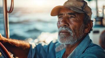 An older man driving a boat photo