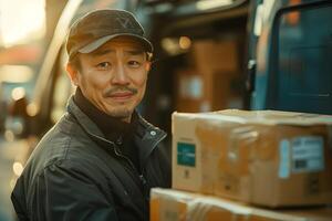 A man is holding a box and standing next to a van photo