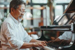 An older man playing the piano in a room photo