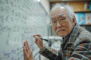 An older man writing on a whiteboard photo
