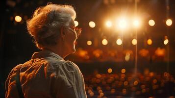 An older woman standing in front of a stage with bright lights photo