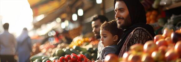 A man and a child are standing in front of a fruit stand photo