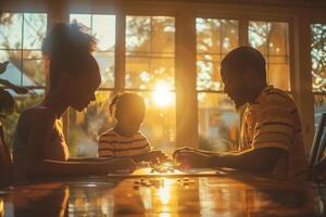 A family playing a board game at sunset photo