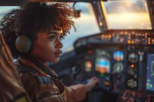 A young woman in an airplane cockpit looking at the screen photo