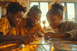 A father and his two children playing a board game photo