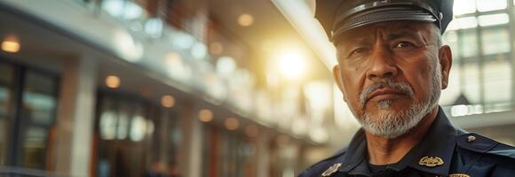 A man in uniform standing in a hallway photo