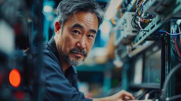 A man in a server room with wires and cables photo