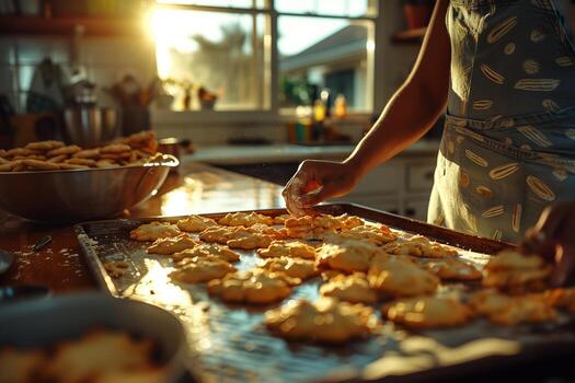 A woman is making cookies on a baking sheet photo