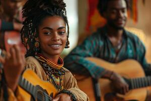 A woman with dreadlocks playing an acoustic guitar photo